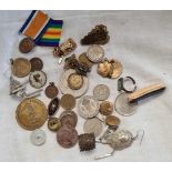 BLACK TIN WITH SILVER & OTHER COINS, A PARTY LABOUR LAPEL BADGE