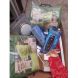 CARTON WITH 2 PLANT JACKETS, STYLING TONG, WORK GLOVES, SAW PRUNERS, 2 PACK PRESS LIGHT & A CITRUS
