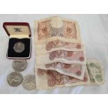 QTY OF OLD TEN SHILLING NOTES & OTHER CROWNS