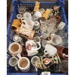 CARTON OF MISC MINIATURE STEINS, GLASS & CHINA MUGS ETC