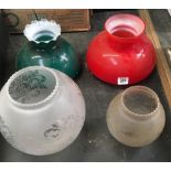 4 GLASS OIL LAMP SHADES IN GREEN & RED & 2 CLEAR ACID ETCHED GLOBES