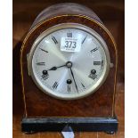 WOODEN ARCHED MANTLE CLOCK WITH ROMAN NUMERALS & PENDULUM, LABEL WILLIAM BRUFORD, BRUFORD & SON