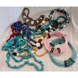 BAG OF MAINLY BLUE COLOURED COSTUME JEWELLERY, CHOKERS, NECKLACES
