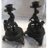 PAIR OF BRONZE ORIENTAL CANDLE STICKS WITH CAST DRAGON DECORATION, BOTH WITH DAMAGED FEET WHICH HAVE