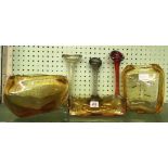 2 PIECES OF HEAVY YELLOW STUDIO GLASS & 3 GLASS STUDIO VASES