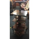 MAHOGANY REVOLVING BOOK SHELVES, 1 SHELF DAMAGED