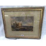 JOHN MACWHIRTER, MID 19THC WATERCOLOUR OF A FIGURE ON HORSEBACK APPROACHING, A RUINED CASTLE,