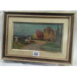 FRENCH IMPRESSIONIST STYLE OIL PAINTING OF FIGURES ON A WOODLAND PATH. INDISTINCTLY SIGNED