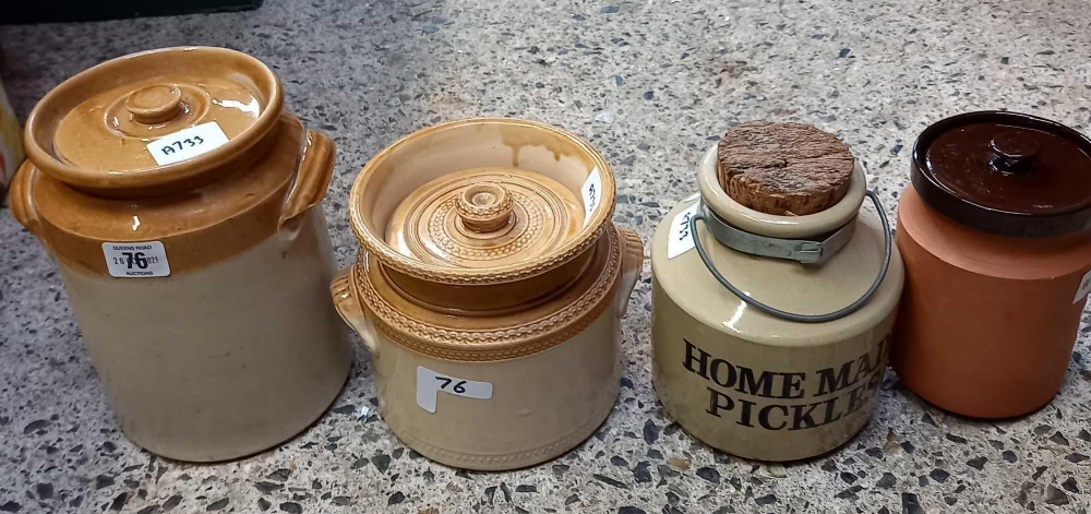 2 STONEWARE JARS WITH LIDS, HOME MADE PICKLES JAR WITH CORK & HANDLE & AN EARTHEN WARE ROYAL BARUM