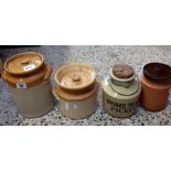 2 STONEWARE JARS WITH LIDS, HOME MADE PICKLES JAR WITH CORK & HANDLE & AN EARTHEN WARE ROYAL BARUM