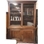 LARGE ARTS & CRAFTS DRESSER WITH CARVED DETAIL, GLASS FRONTED SHELVED DISPLAY CABINET ABOVE &