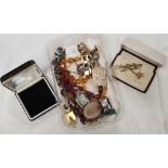 TUB OF MIXED COSTUME JEWELLERY, TIE PINS, NECKLACE, CUFFLINK'S