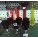 6 RUBY GLASS PORT GLASSES & 4 VARIOUS COLOURED GLASS VASES