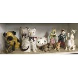 SHELF OF CHINA FIGURINES, MAINLY CATS & DOGS