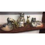 2 POTTERY CATS, POTTERY DUCK& 2 BRASS DEER