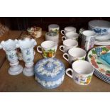 SHELF WITH JOHNSON BROTHERS CHERRY BLOSSOM PLATES, ROYAL NORFOLK COFFEE CANS, VASES & TRINKET POTS