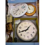 CONTAINER WITH VARIOUS WALL CLOCKS, NOT KNOWN IF WORKING & A PAIR OF MINI POCKET BINOCULARS