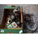 CARTON WITH MISC PLATEDWARE INCL; WATER JUG, TANKARD, COASTER, TRAY, BOX OF CARDS