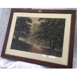 LARGE VICTORIAN WATERCOLOUR OF A LOGGING SCENE WITH A TEAM OF HEAVY HORSES. GALLERY LABEL TO