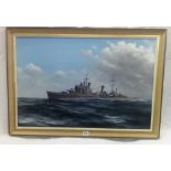 LARGE OIL PAINTING ON CANVAS OF HMS BIRMINGHAM, CLASS 1 TYPE CRUISER, PAINTED BY HAROLD GARLAND,