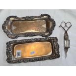 2 PLATED COPPER CANDLE SNUFFER TRAYS WITH SCISSORS