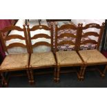 4 PINE LADDER BACK RAFFIA SEATED DINING CHAIRS