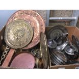 2 CARTONS WITH MISC PLATED WARE & MISC BRASS WARE INCL; COFFEE JUGS, TEA POTS, ROSE BOWL, BRASS