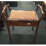 INLAID MAHOGANY PIANO STOOL WITH TAPERED LEGS, HINGED & UPHOLSTERED TOP