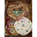 CARTON WITH VARIOUS DRINKING GLASSES, DECORATIVE PLATES, CAKE COMPORT, RUSTIC HEART SHAPED MIRROR