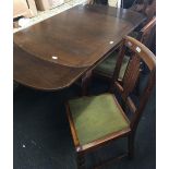 SET OF 4 ART DECO OAK & UPHOLSTERED DINING CHAIRS & OAK DRAW LEAF DINING TABLE WITH PAD FEET