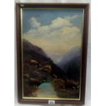 OIL PAINTING OF HIGHLAND CATTLE BESIDE A STREAM, INDISTINCTLY SIGNED