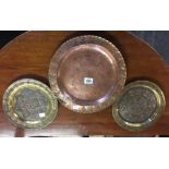 ARTS & CRAFTS BEATEN COPPER DISH BY HUGH WALLICE & 2 MIDDLE EASTERN BRASS DISHES