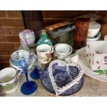 SHELF WITH MISC CHINAWARE, STONE GLAZED JAR, VASES & CANDLE HOLDERS