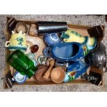 CARTON OF MISC ITEMS INCL; VASES, STONE EGGS, PLATEDWARE, WOODEN PLACE MATS & A PAIR OF CLOGS