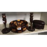 PAIR OF CARVED OAK CANDLE STICKS, WOODEN FRUIT BOWL & AN ILFORD SPORTSMAN CAMERA IN CASE