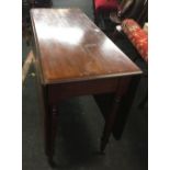 ANTIQUE MAHOGANY DROP LEAF DINING TABLE WITH TURNED LEGS & CASTER, 3ft WIDE X 16'' EXTENDING TO