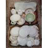 2 CARTONS OF MIXED WHITE CHINAWARE, RIBBON STYLE PLATES, LIDDED JARS & SOAP DISH