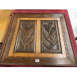 SQUARE OAK CARVED PICTURE OF EARS OF CORN IN RELIEF & A SQUARE OAK CARVED WOODEN PANEL