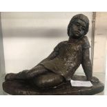 BRONZED RESIN FIGURE OF A CHILD REMINISCING, WITH MARK KJ