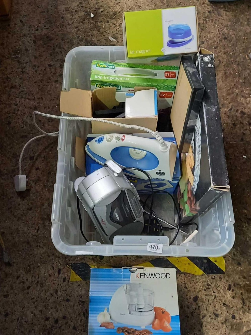 CARTON WITH STEAM IRON, CROWN RADIO, SMALL KENWOOD BLENDER, SHELF BRACKETS, DRIP IRRIGATION SET &