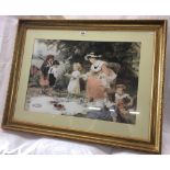 LARGE COLOUR PRINT OF A VICTORIAN PICNIC WITH MOTHER AND CHILDREN IN GOOD GILT FRAME