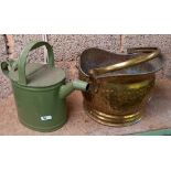 GREEN METAL WATERING CAN & A BRASS HANDLED COAL BUCKET