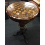 VICTORIAN WALNUT & WORK BOX ON CARVED PEDESTAL LEGS WITH MARQUETRY CHESS BOARD TO THE HINGED LID