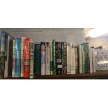 SHELF OF CRICKET THEMED BOOKS INCL; AUTO BIOGRAPHIES, VARIOUS WISDEN BOOKS & BEST OF CRICKET 4 DVD