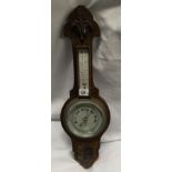 CARVED OAK BANJO BAROMETER & THERMOMETER