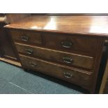 ANTIQUE MAHOGANY LOW CHEST OF 4 DRAWERS, 2 LONG & 2 SHORT WITH BRASS DROP HANDLES