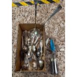 SMALL CARTON OF MISC TABLE CUTLERY INCL; LADLE & A PRESTIGE HAND FOOD MIXER