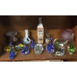 SHELF OF ORNAMENTAL GLASSWARE & PAPER WEIGHTS