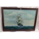 LARGE OIL PAINTING ON CANVAS OF A 3-MASTED SAILING SHIP IN FULL SAIL IN CHOPPY WATERS, SIGNED