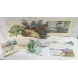 FOLDER OF 10 UNFRAMED WATERCOLOURS, INCLUDING 19THC STUDIES OF TREES AND LANDSCAPES ETC